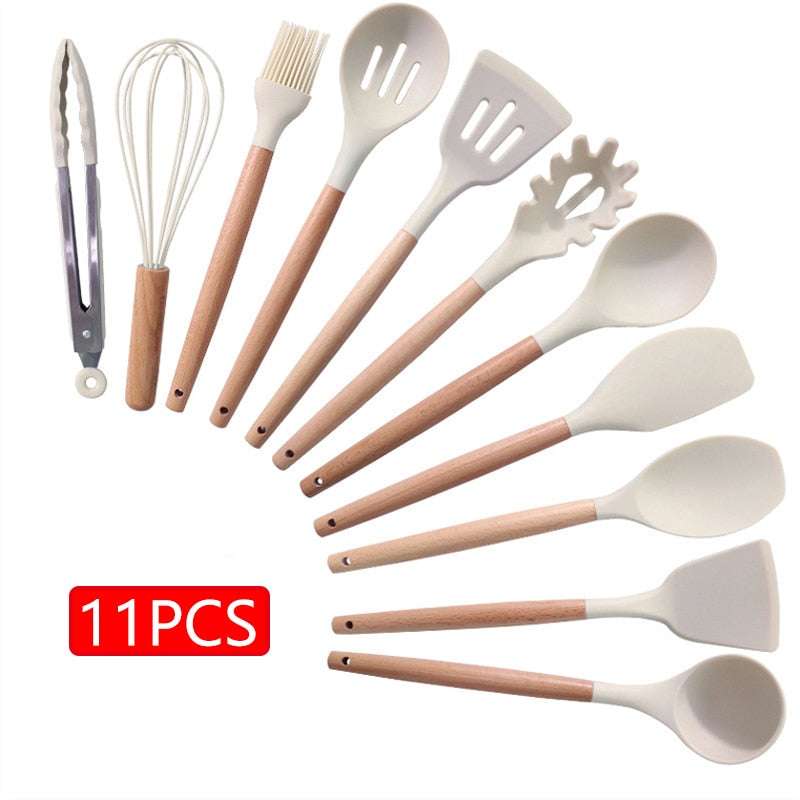 11/12PCS Silicone Kitchenware Non-Stick Cookware Kitchen Utensils Set Spatula Shovel Egg Beaters Wooden Handle Cooking Tool Set (by quicklify)
