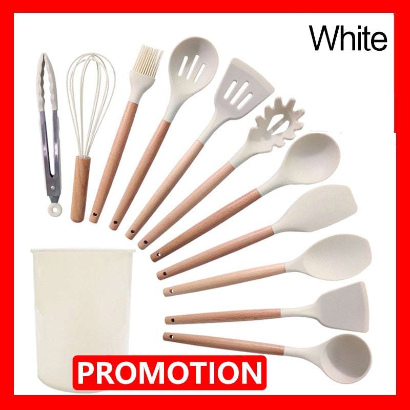 11/12PCS Silicone Kitchenware Non-Stick Cookware Kitchen Utensils Set Spatula Shovel Egg Beaters Wooden Handle Cooking Tool Set (by quicklify)