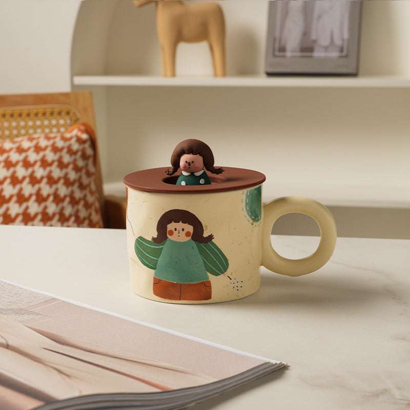 Creative Cute Cup with Lid Ceramic Distinctive Couple Water Mug (by quicklify)