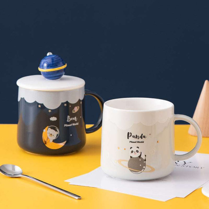 Creative Cute Ceramic Cup With Lid Cartoon Planet Water Cup (by quicklify)