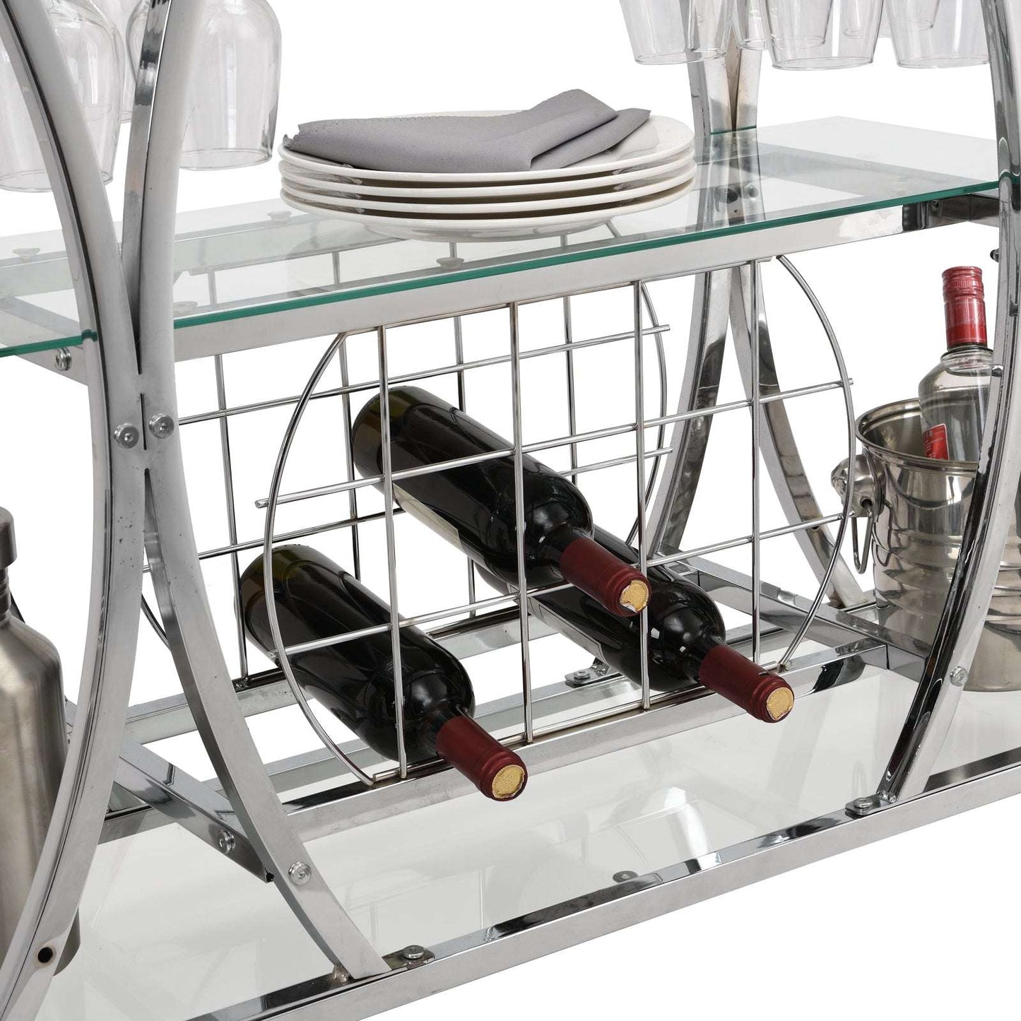 Contemporary Chrome Glass Metal Frame Bar Cart with Wine Storage Rack (by quicklify)
