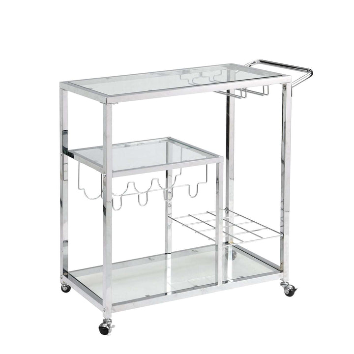 Contemporary Chrome Bar Serving Cart Silver Modern Glass Metal Frame Wine Storage (by quicklify)