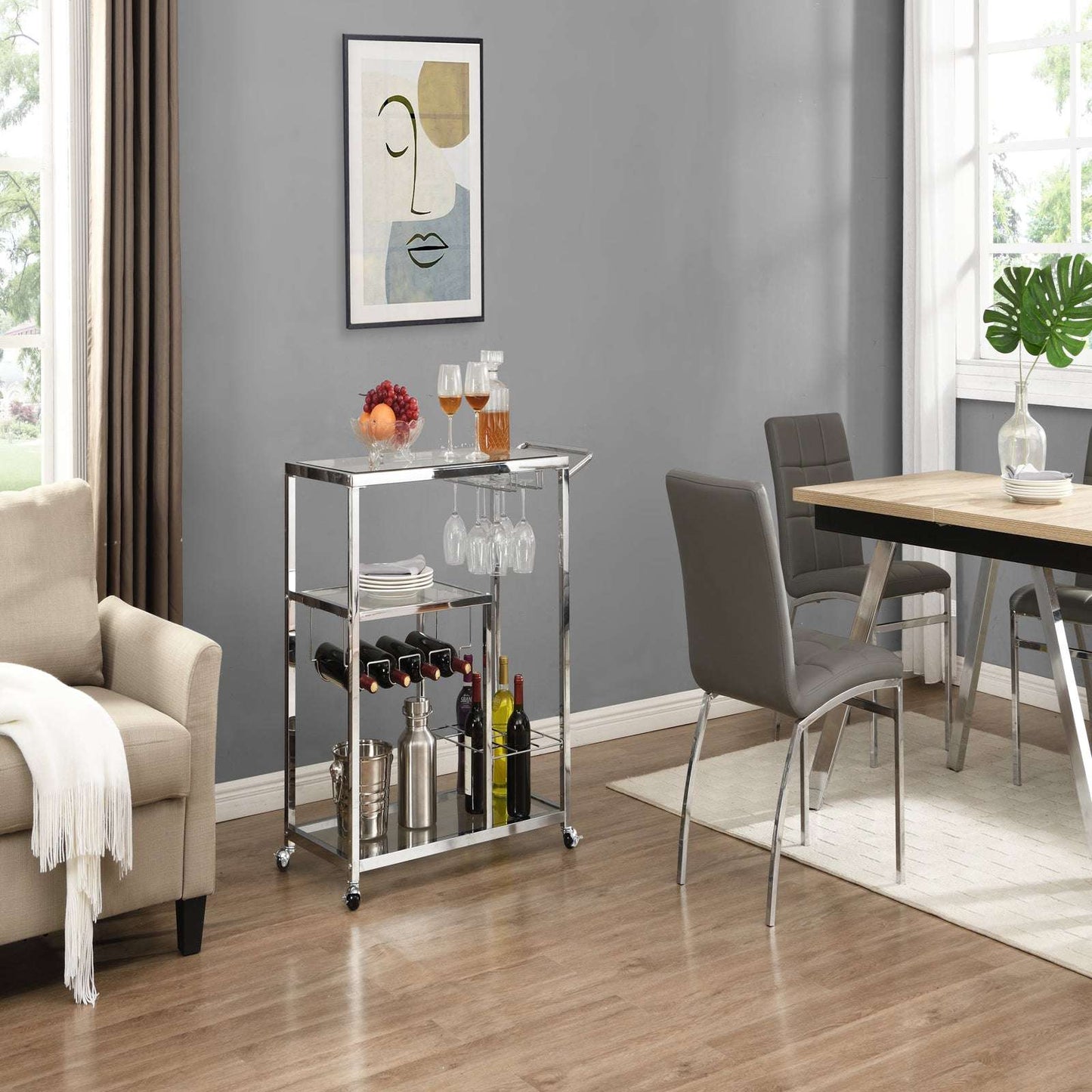 Contemporary Chrome Bar Serving Cart Silver Modern Glass Metal Frame Wine Storage (by quicklify)